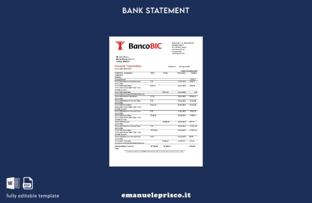 modello di estratto conto bancario Angola Banco BIC in stile verificato